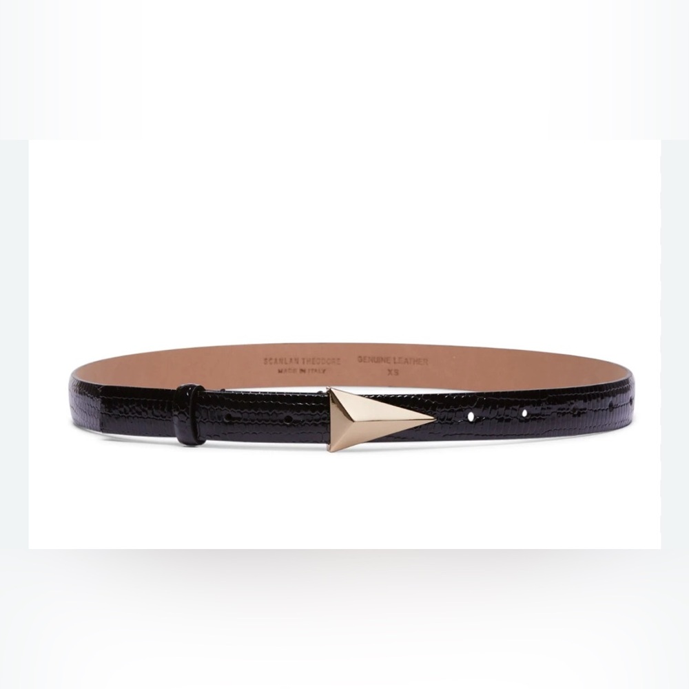 Scanlan Theodore Embossed Triangle Trim Belt in Black Leather with Gold Accent